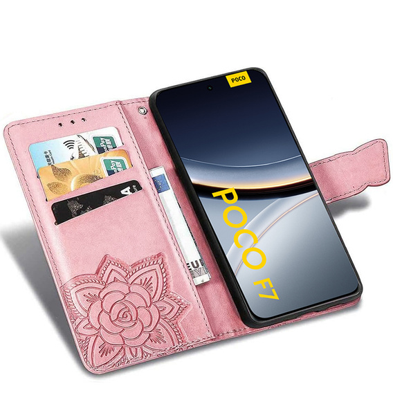 Etui z klapką do Xiaomi Poco F7, Butterfly, różowe rose gold