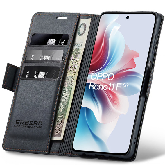 Etui do Oppo Reno 11F, ERBORD Glossy Litchi, portfel z klapką, czarne