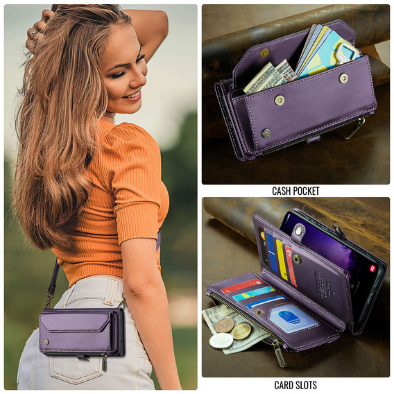 Etui CASEME do Samsung Galaxy S25 FE, RFID Leather Wallet, z paskiem na ramię, fioletowe