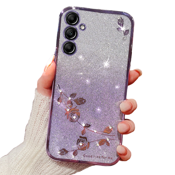 Etui do Samsung Galaxy A15, Glitter Flower, fioletowe + szkło