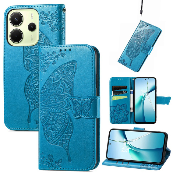 Etui z klapką do Xiaomi Redmi Note 14 4G, Butterfly, niebieskie