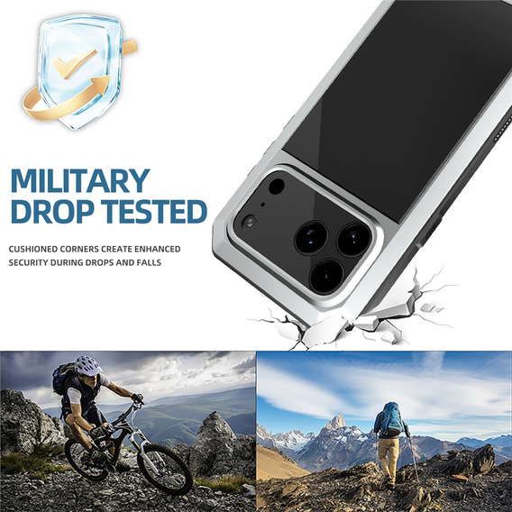 Etui do iPhone 17 Pro Max, pancerne, z wbudowanym szkłem, srebrne