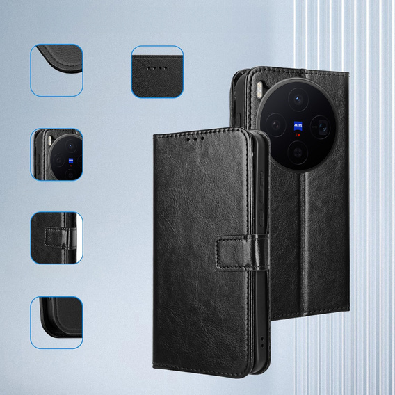 Etui z klapką do Vivo X300, Crazy Horse Wallet, czarne