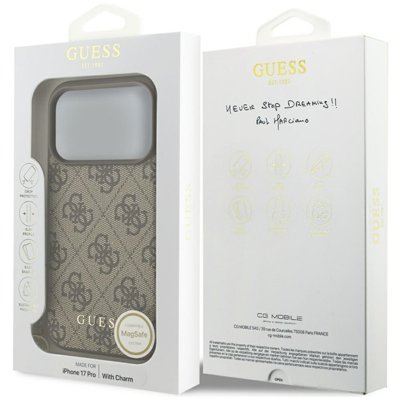 Etui GUESS do iPhone 17 Pro, 4G Charms Collection Hardcase, do MagSafe, brązowe