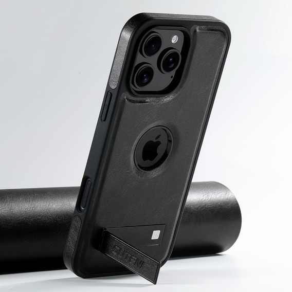 Etui Suteni MagSafe do iPhone 16 Pro – czarne, skórzane, magnetyczne, z funkcją podstawki
