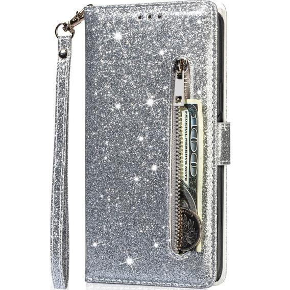 Etui z klapką do Samsung Galaxy A55, Wallet Zipper Pocket Glittery, srebrne