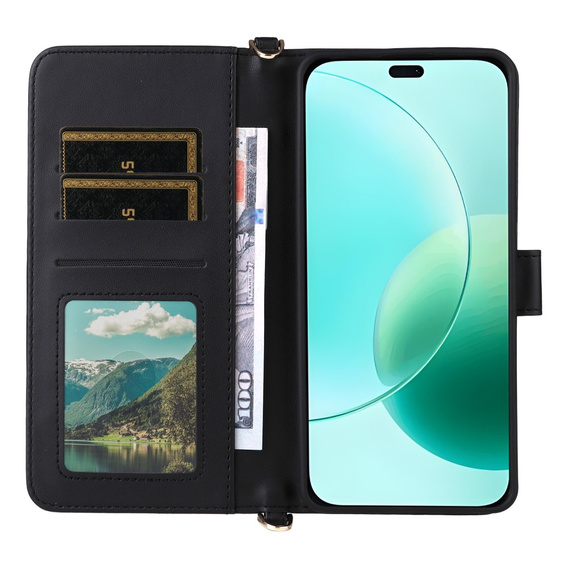 Etui portfelowe do Honor 400 Lite – czarne, z paskiem na ramię i nadgarstek, funkcją podstawki