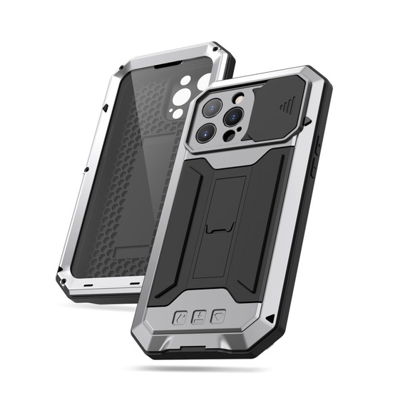 Etui do iPhone 13 Pro, R-JUST CamShield Slide, pancerne, srebrne / czarne