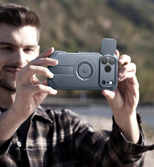 Etui Dexnor do iPhone 17 Pro Max z osłoną kamery i podstawką, do MagSafe - niebieskie (Dwie ramki)
