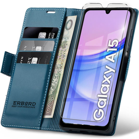 Etui do Samsung Galaxy A15 4G / 5G, ERBORD Glossy Litchi, portfel z klapką, niebieskie + Szkło Hartowane 9H