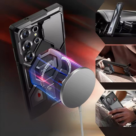 Etui do Samsung Galaxy S25 Ultra, Tongate MECH MagSafe Series, czarne  + Szkło Prywatyzujące