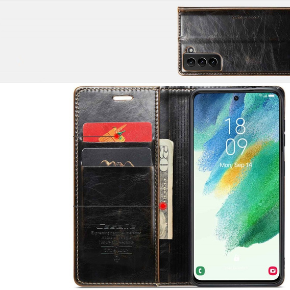 Etui z klapką CASEME do Samsung Galaxy S21 FE, Waxy Textured, kawowe