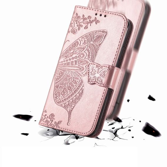 Etui z klapką do Oppo Reno 12FS / 12F, Butterfly, różowe rose gold