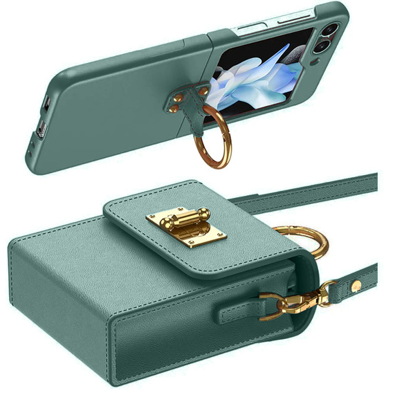 Etui do Samsung Galaxy Z Flip7 FE / Z Flip6, Finger Ring, z paskiem, zielone
