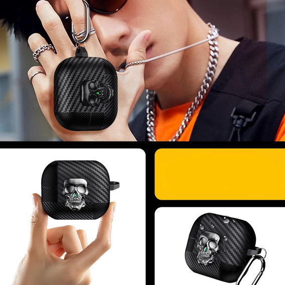 Stylowe etui TPU z motywem czaszki i karabińczykiem – Samsung Galaxy Buds 3 / 3 Pro