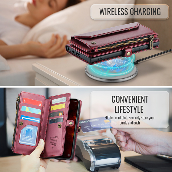 Etui CASEME do Samsung Galaxy S25 FE, RFID Leather Wallet, z paskiem na ramię, czerwone