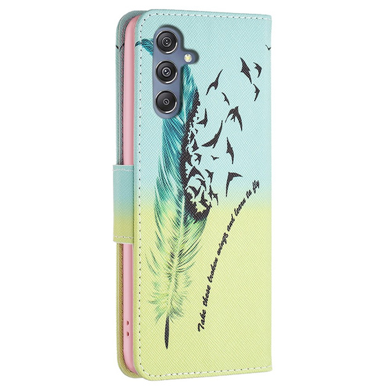 Etui z klapką do Samsung Galaxy M34, Wallet, Feather niebieskie / żółte