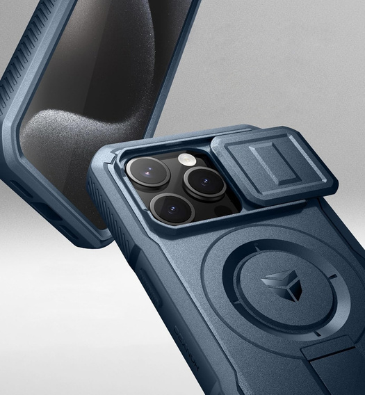 Etui Dexnor do iPhone 15 Pro – magnetyczne, z przesuwaną osłoną aparatu - niebieskie