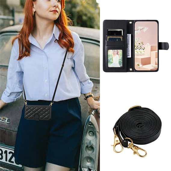 Etui z klapką do Samsung Galaxy S25 FE, Rhombus Crossbody Leather, czarne