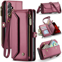 Etui CASEME do Samsung Galaxy S24 FE, RFID Leather Wallet, z paskiem na ramię, czerwone