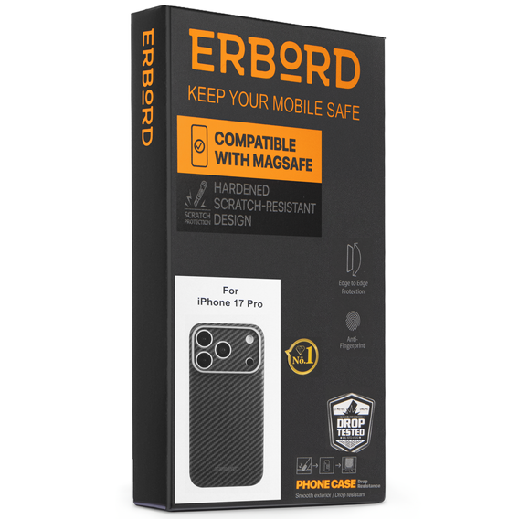 Etui do iPhone 17 Pro, ERBORD Full Kevlar, do MagSafe, czarne