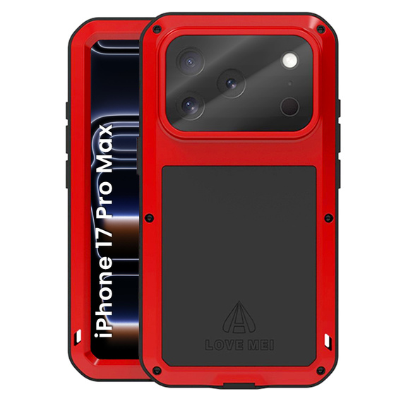 Etui Love Mei do iPhone 17 Pro Max, pancerne ze szkłem, czerwone