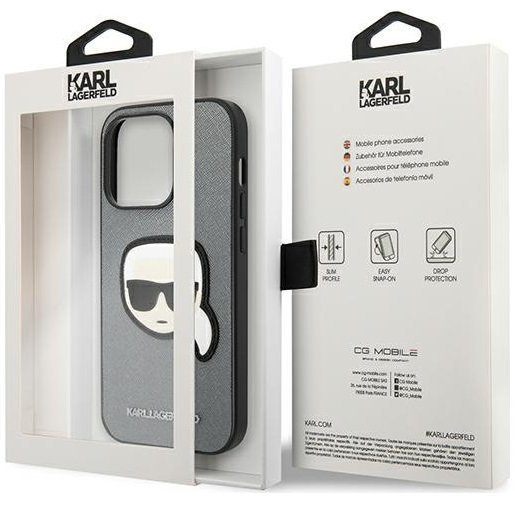 Etui Karl Lagerfeld do iPhone 14 Pro Max, Saffiano Karl's Head Patch, srebrne