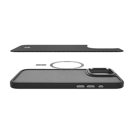 Etui Spigen do iPhone 16 Pro, Enzo Aramid MagSafe, carbon czarne / srebrne + Szkło Hartowane 9H