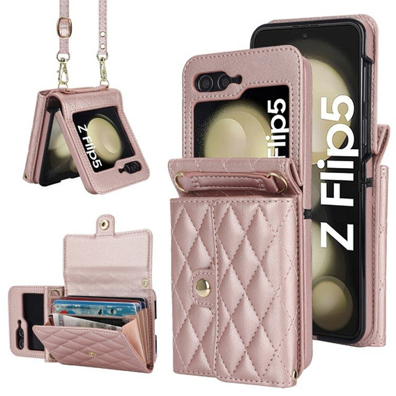 Etui skórzane Card Slots do Samsung Galaxy Z Flip5 5G, różowe złoto