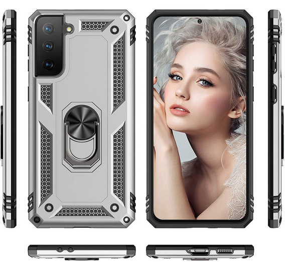 Etui pancerne do Samsung Galaxy S21, Nox Case Ring, srebrne