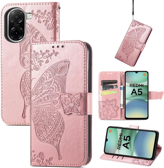 Etui z klapką do Xiaomi Redmi A5, Butterfly, różowe rose gold