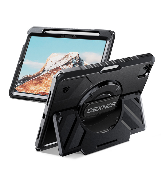 Etui Dexnor 360° do iPad Air 11" 2025/2024 (7/6 gen.), z paskiem i miejscem na rysik - czarne