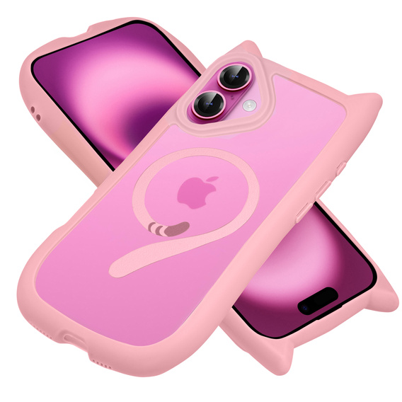 Etui do iPhone 16, do MagSafe, Cute Cat, różowe + Szkło na ekran