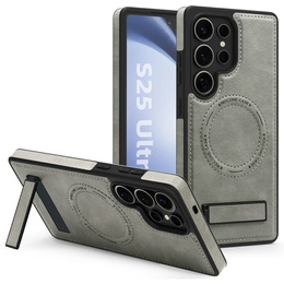 Etui skórzane z podstawką do Samsung Galaxy S25 Ultra – kompatybilne z MagSafe, szare