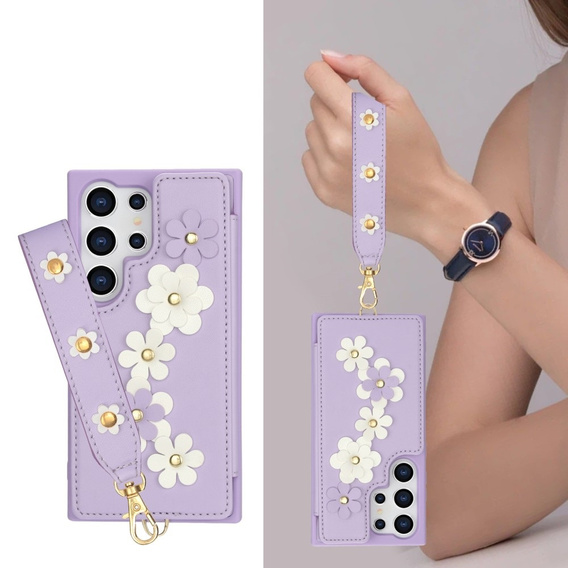 Etui do Samsung Galaxy S25 Ultra, Leather Flower Card Slot, fioletowe