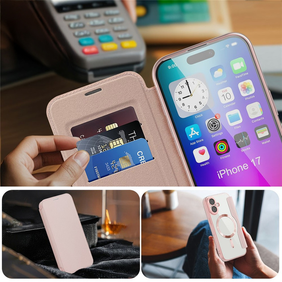 Etui z klapką do iPhone 17, RFID Wallet MagSafe z ochroną aparatu, różowe
