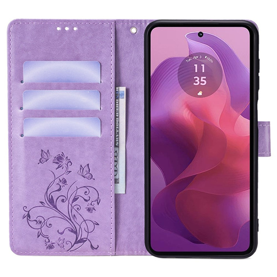 Etui z klapką do Motorola Moto E14, Butterflies, fioletowe