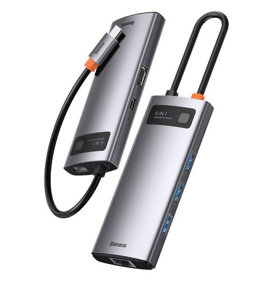 Baseus Metal Gleam Series 6-in-1 Multifunctional Type-C HUB (Type-C → HDMI*1 + USB 3.0*3 + PD*1 + RJ45*1) – szary