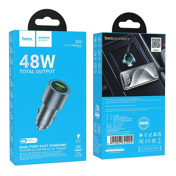 Ładowarka samochodowa Hoco Z60 USB A + USB C QC3.0 PD 48W - czarna