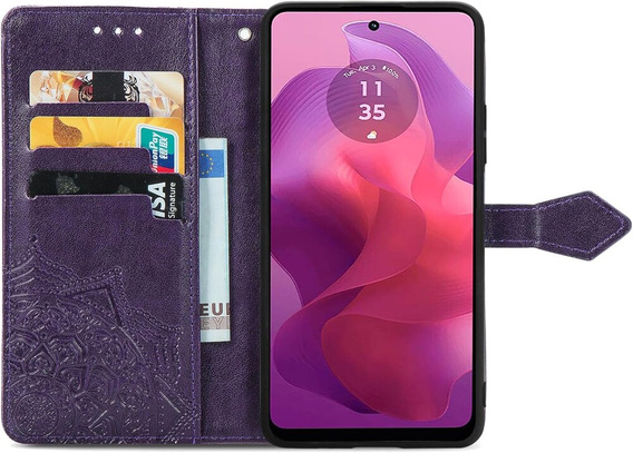 Etui z klapką do Motorola Moto E14, Mandala, fioletowe