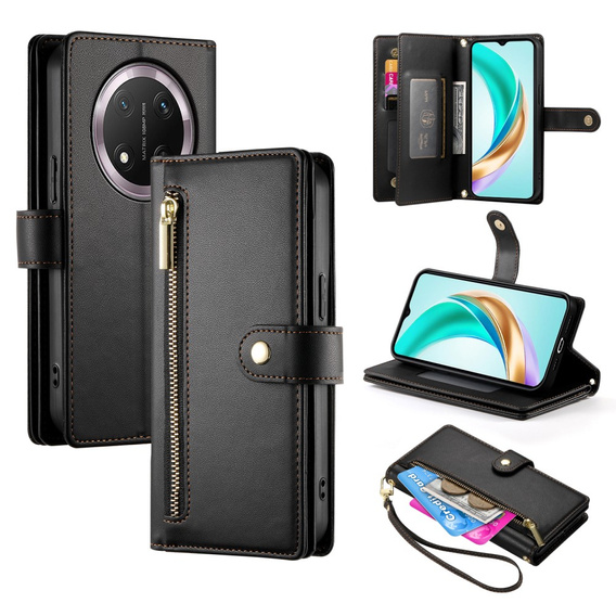 Etui z klapką do Honor Magic 7 Lite, Wallet Zipper Pocket, czarne