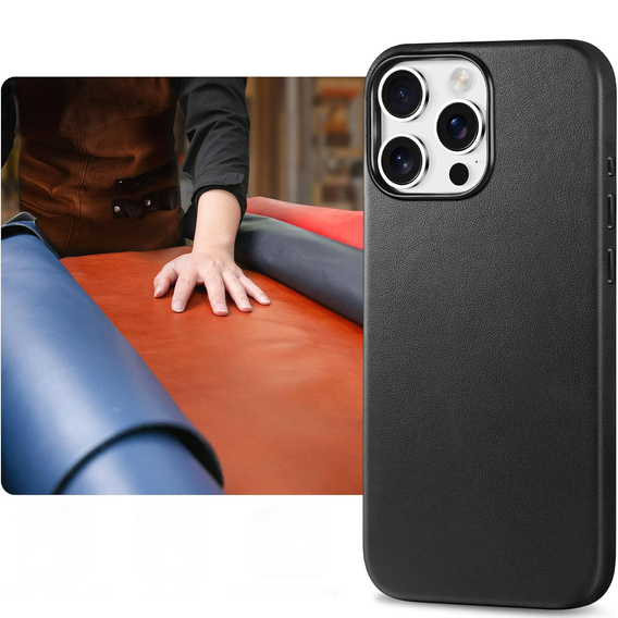 Etui skórzane do iPhone 16 Pro Max, ERBORD Leather MagSafe, czarne + Szkło na ekran