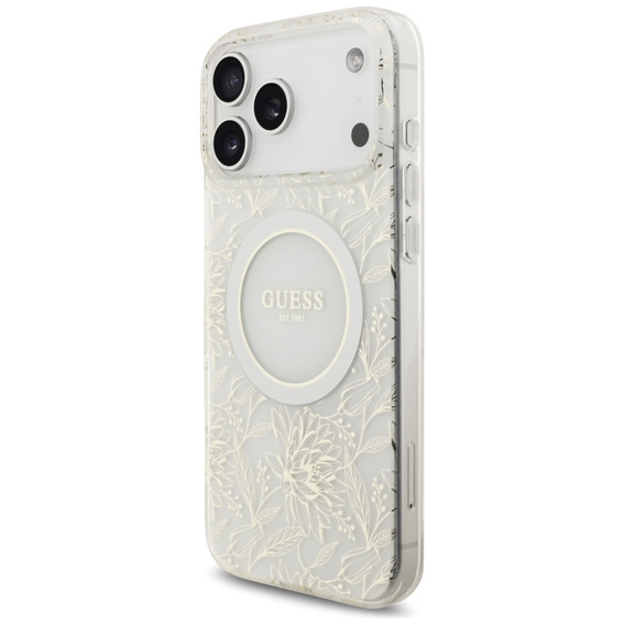 Etui GUESS do iPhone 17 Pro Max, IML Flowers Electroplated Allover With Beads Strap, do MagSafe, z paskiem, białe