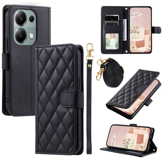 Etui z klapką do Xiaomi Redmi Note 13 Pro 4G, Rhombus Crossbody Leather, czarne