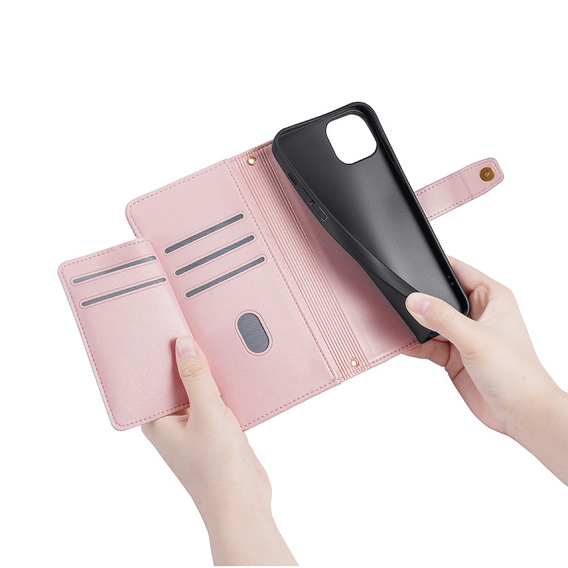 Etui z klapką do iPhone 15, Wallet Zipper Pocket, różowe