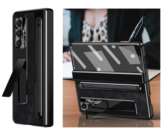 Etui skórzane do Samsung Galaxy Z Fold7 5G, z podstawką, szkłem i rysikiem, czarne