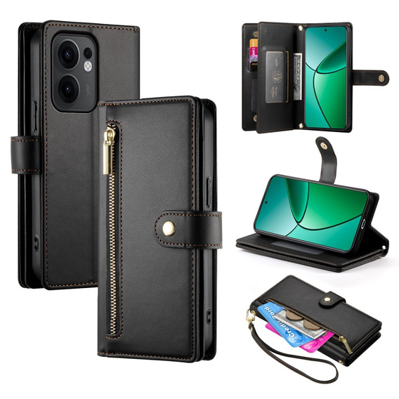 Etui z klapką do Oppo Reno 13F 5G, Wallet Zipper Pocket, czarne