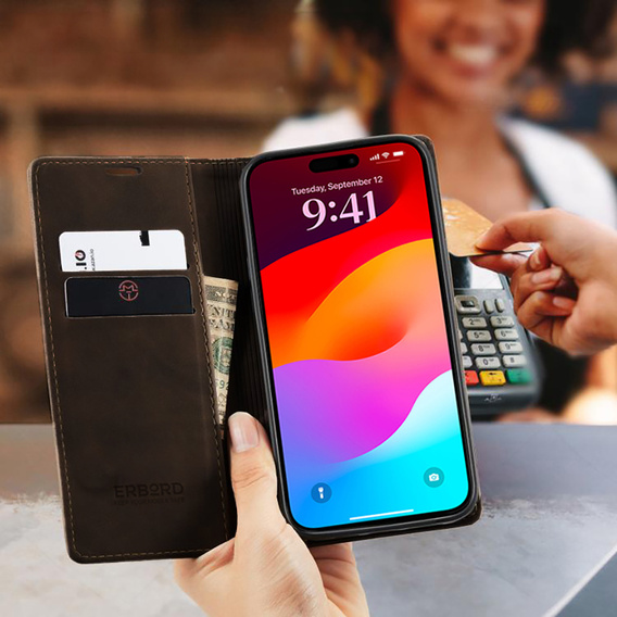 Etui do iPhone 17 Pro, ERBORD Vintage portfel z klapką, brązowe