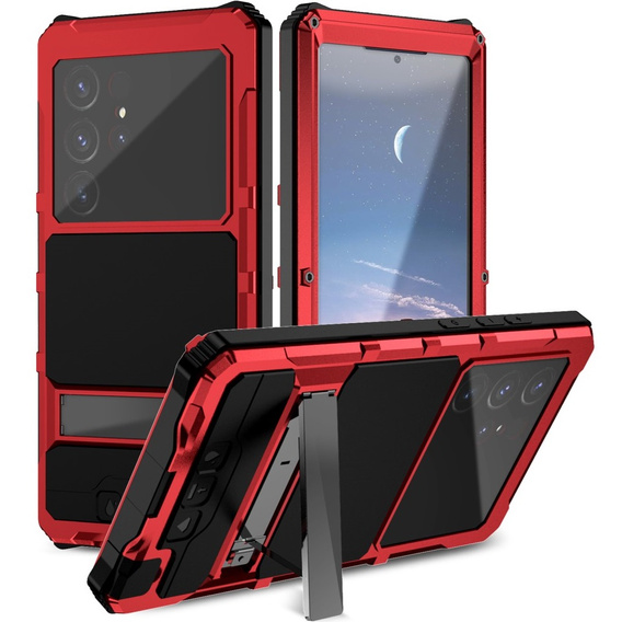Etui pancerne do Samsung Galaxy S25 Ultra, R-JUST, ze szklaną ochroną kamery, czerwone
