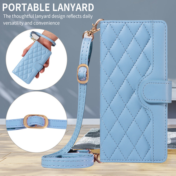 Etui z klapką do Motorola Edge 70, Rhombus Crossbody Leather, niebieskie